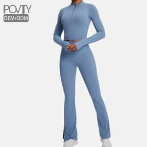 POVTY Custom Women's Plus Size <strong>Black</strong> Half-Zip Long Sleeve <strong>Crop</strong> Top Flare Leg Yoga <strong>Leggings</strong> 2-Piece Set Quick Dry Breathable - Product Image 1