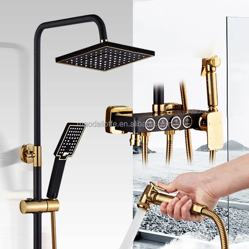 Venta caliente Oro Negro Piano teclas lluvia ducha mezclador Inox latón alta función ducha conjunto luz Digital
