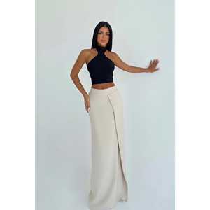 <b>Long</b> Beige Leather <b>Skirt</b> Slit Detail Empire Waist Wrap Style Spring Print Ruffles Satin Knitted Fabric <b>Pleat</b> Wrap Print - Product Image 3