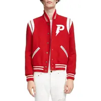 Jaqueta Bomber Masculina Personalizada, Casaco Vermelho, Casual, Lã Elástica, Alta Qualidade, Beisebol, Atacado