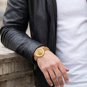 Bracelet en acier inoxydable, le plus tendance, double chaîne, tête de lion, en acier inoxydable doré, lourd, style gothique, maillons cubains - Product Image 3