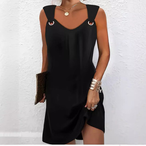 Robe midi élégante et décontractée pour femme, grande taille, col en V, sans manches, couleur unie, avec boutons métalliques, idéale pour le bureau ou les occasions chic, pour le dropshipping Shopify - Product Image 1