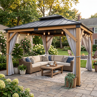 Gazebo en bois à toit rigide, toit en acier galvanisé double, pavillon de patio extérieur robuste avec rideau d'intimité, balcon imperméable