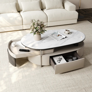 Table basse ovale moderne de 47 pouces en pierre frittée rétractable, offrant un grand espace de rangement pour les salons et les hôtels - Product Image 1