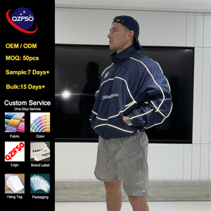 QZFSO OEM Custom Oversized Zip Up Stand Collar Reflective Piping Streetwear Windproof Outerwear Windbreaker <b>Techwear</b> <b>Jacket</b> - Product Image 1