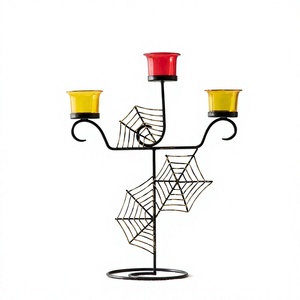 Candelabro de Hierro Negro con Diseño de Telaraña y Tres Portavelas de Vidrio para Decoración de Halloween, Portavelas de Mesa - Product Image 1