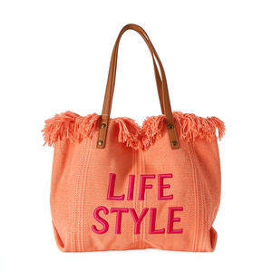 Bolsos de Playa Personalizados con Letras Bordadas, Bolsos de Hombro de Lona para Mujer, con Borlas, Casuales, con Forro de Poliéster Sólido - Product Image 1
