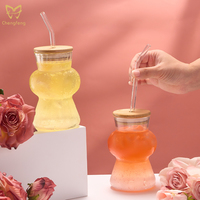 Gobelet en verre rayé en forme de gourde avec couvercle en bambou et paille réutilisable