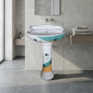 Vinus Aqua Blue Flower Printed Ceramic Wash <b>Basin</b> with Full Pedestal New Model Bathroom - Product Image 4