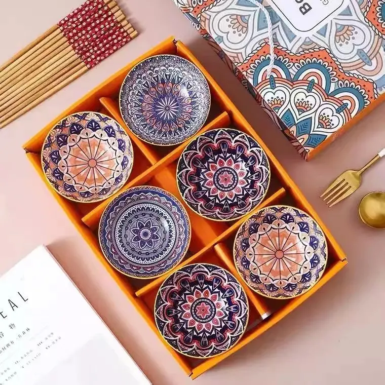 gift box set colorful printed under glazed kitchen 2 4 6 pcs rice soup 4.5 inch serving ceramic porcelain bohemia bowls set