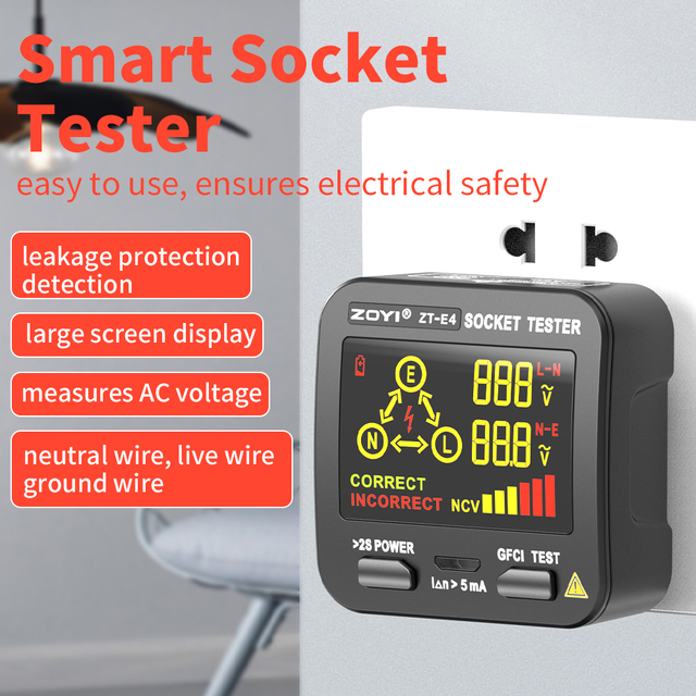 ZOYI High Accuracy Digital Smart Socket Tester with 1 Year Warranty for US/UK/EU Plugs Ground Zero Line Phase Check RCD NCV