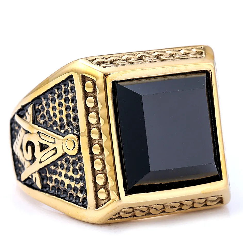Gold Plated Vintage Silver Black Freemason Masonry Men Ring Stainless Steel Jewelry Masonic Stone Rings For Men