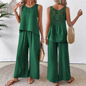 Ensemble deux pièces pour femmes avec découpe au dos, couleur unie, tenue décontractée tendance - Product Image 4