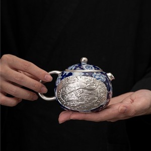 Théière Xishi en argent sterling 999 He Fusen, motif Dragon et Phénix, bleu et blanc, ensemble de thé Kung Fu avec couvercle, résistant à la chaleur, coffret cadeau - Product Image 4