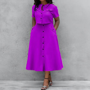Conjuntos Casuales de <span class=keywords><strong>Mujer</strong></span> al por Mayor: Top de Manga Corta con Botones y Bolsillos, Falda Midi, Conjuntos Lisos <span class=keywords><strong>para</strong></span> <span class=keywords><strong>Oficina</strong></span> y Uso Diario - Product Image 4
