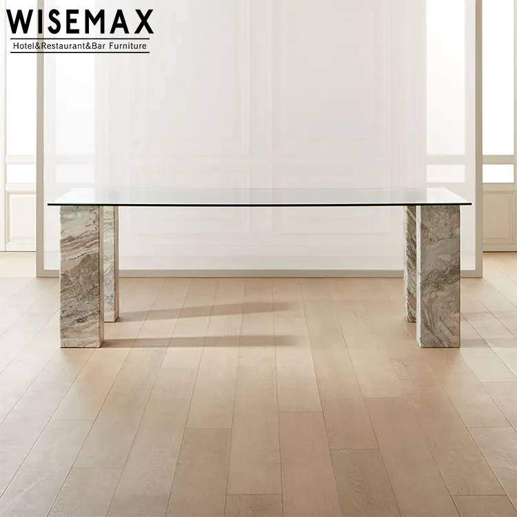 WISEMAXFURNITUREモダンノルディックスタイルクリア長方形強化ガラストップソリッドマーブルレッグダイニングテーブル屋内家具