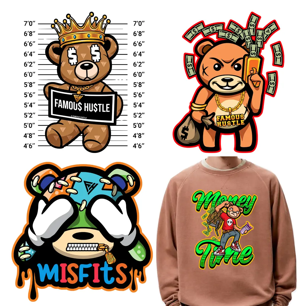 פופולרי Custom המולה כסף דובי Plastisol חום העברות Misfits Crazy דוב DTF העברה ויניל בגדי קישוט
