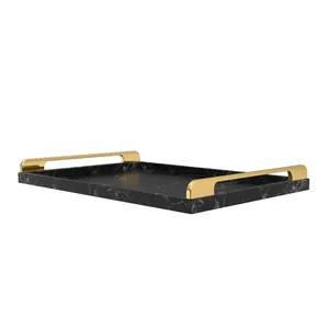 Stylish Wooden Mdf Black Lacquer Marble Paint Rectangle Food Nesting Home Restaurant Serving Tray With Golden Handles