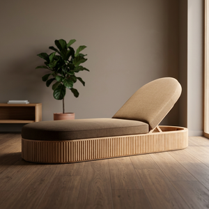Chaise longue ovale en teck massif avec panneau à rainures, lit de jour inclinable pour patio - Product Image 2
