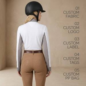 Camisa ecuestre de manga larga para mujer con cuello alto, cremallera 1/4, bloques de color y tira brillante, top para montar a caballo, personalizable - Product Image 2