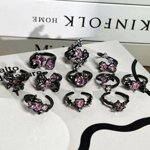 Pink Zircon Black Copper Gold Plated Band <b>Adjustable</b> <b>Ring</b> for Women Bohemia Thorn Crow Heart Butterfly Punk Jewelry - Product Image 5