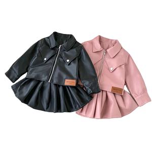 Nouvel ensemble 2026 LURI pour filles : Blouson motard et jupe plissée 100 % polyester, style coréen, collection boutique mode automne - Product Image 1