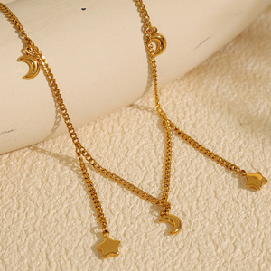 Collar de aleación de zinc con forma de estrella y luna, color dorado, cadena larga con colgante para regalo - Product Image 1