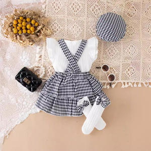 أزياء جديدة للفتيات الصغيرات + تنورة حمالة منقوشة + قبعة طقم طفل حديث الولادة ثلاث قطع - Product Image 2