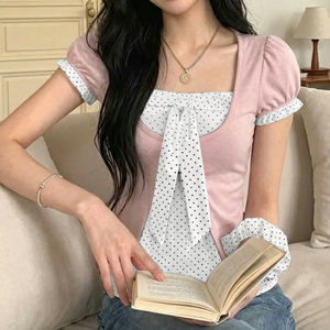 School Girl Cute Polka Dot Breathable Summer Two Piece <b>Tie</b> Front Belt Casual Commute Short Sleeve T-Shirt - Product Image 4