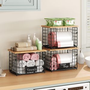 ที่ใส่ถุงขยะ2แพ็คตะกร้าลวดซ้อนได้พร้อมฝาไม้ไผ่สำหรับผู้จัดครัวและจัดเก็บ - Product Image 5