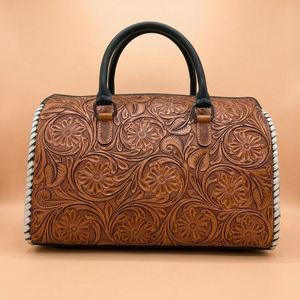 Hand-Tooled Genuine Leather Lightweight Foldable Weekender Duffel Bag Waterproof Large Capacity for Travel Sports Clothes - Product Image 1