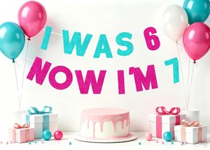 Banner de Papel con Purpurina Rosa Intenso y Verde Azulado para Niñas, Decoración para Fiesta de Cumpleaños de 7 Años, Tema <span class=keywords><strong>Meme</strong></span>, 'Ya no soy 6, ahora soy 7' - Product Image 3