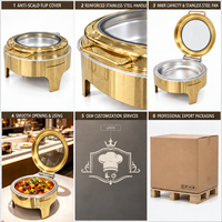 Plat à chafing dish rond en acier inoxydable LQ Wholesale Gold avec couvercle en verre, poignée en boucle, alimentation au combustible et plaque chauffante électrique 6L pour hôtel