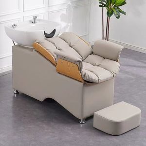 Unidad de lavado de cabello para salón de belleza con lavacabezas inclinable de cerámica y asiento ajustable - Product Image 2