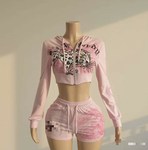 PEEQI American Ed Clothes Famous Long Sleeve Zip up Hoodie Jacket Top and <strong>Biker</strong> <strong>Shorts</strong> Two Piece Set <strong>Women</strong> Clothing - Product Image 1