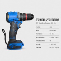 Perceuse sans fil 20V sans balais 2-en-1, perceuse à percussion 60 N.m, couple maximal 10 mm, kit 2 batteries 2,6 Ah OEM