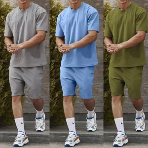 गर्मियों में पुरुषों 2 टुकड़ा सेट खाली ठोस रंग मुद्रण डिजाइन कस्टम लोगो टी शर्ट और शॉर्ट्स सेट पुरुषों
