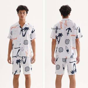 Ensemble deux pièces chemise et short imprimé hawaïen, coupe ample, 100 % polyester, avec cordon de serrage, style décontracté estival pour la plage - Product Image 2