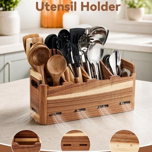 Porte-ustensiles en bois d'acacia avec plusieurs compartiments, séchage rapide, boîte de rangement pour comptoir de cuisine - Product Image 1