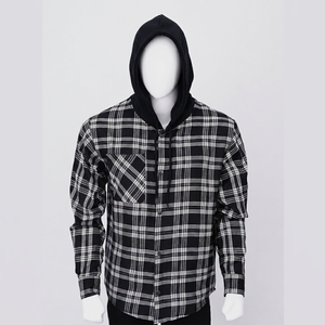 Wholesale Custom Men's Black White Plaid Hooded Flannel Long Sleeve Snap Button Casual Autumn Eco-Friendly Quick Dry OEM - Product Image 1
