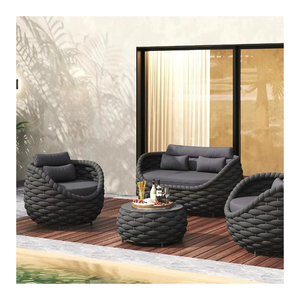 Canapé lounge rond haut de gamme en aluminium thermolaqué avec cordage tressé contemporain pour hôtel de villégiature - Product Image 1