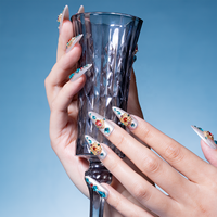Ongles à presser en chrome argenté avec cristaux, motifs floraux 3D et pierres précieuses, pointes d'ongles stiletto, fabriqués à la machine, en gel souple personnalisable, emballage personnalisable