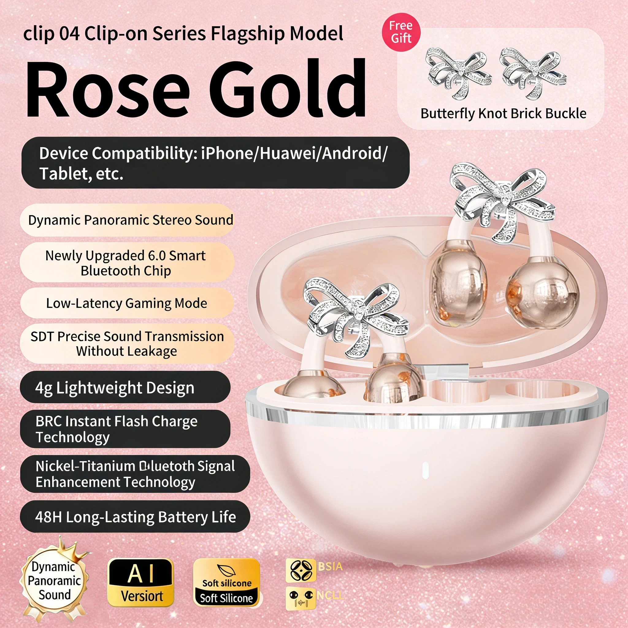 Ear Clips Wireless V6.0 Earphones with Free <strong>Butterfly</strong> Knot Brick Buckle <strong>Earbuds</strong> in Stock From Linx Factory