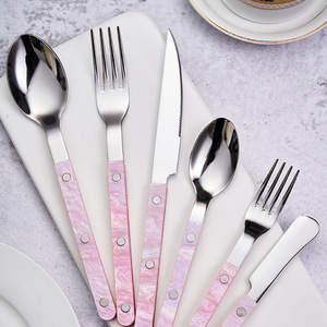 Juego de cubiertos Jinhui Industrial de acero inoxidable 304 color rosa con mango de acrílico para el hogar, hotel y carne. - Product Image 1