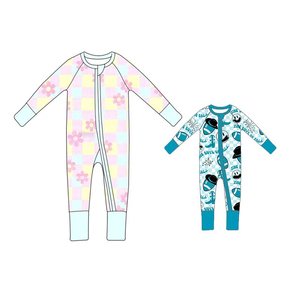 Nuevo Modelo de Mono de Manga Larga para Bebé Niña, 220 Fibra de Bambú, Estampado Floral a Cuadros Colorido, Cierre Completo con Cremallera - Product Image 1