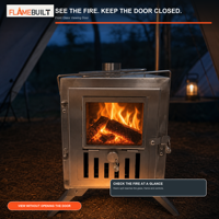 Poêle à bois portable manuel FLAMEBUILT OEM en acier inoxydable à nervures en X avec porte vitrée avant, conduits de cheminée et côtés pliables