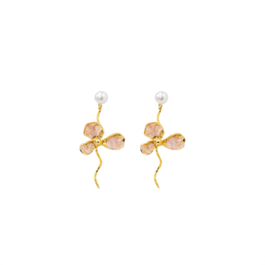 Boucles d'oreilles pendantes tendance en acier inoxydable 316L plaqué or PVD, motif fleur avec perle - Product Image 2