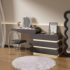 Table de toilette en bois crème de luxe moderne avec lumière LED, rangement assemblé pour hôtel, salon, chambre à coucher, coiffeuse, miroir de maquillage - Product Image 2