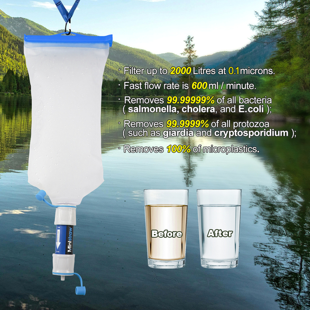 Filter Straw with TPU Outdoor Portable Gravity Water Bag with Filter Purifier Hiking Camping Emergency Water Storage