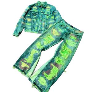 YSJY服装制造商定制运动服酸洗复古撕裂2件套男士牛仔裤夹克男士牛仔套装 - Product Image 1